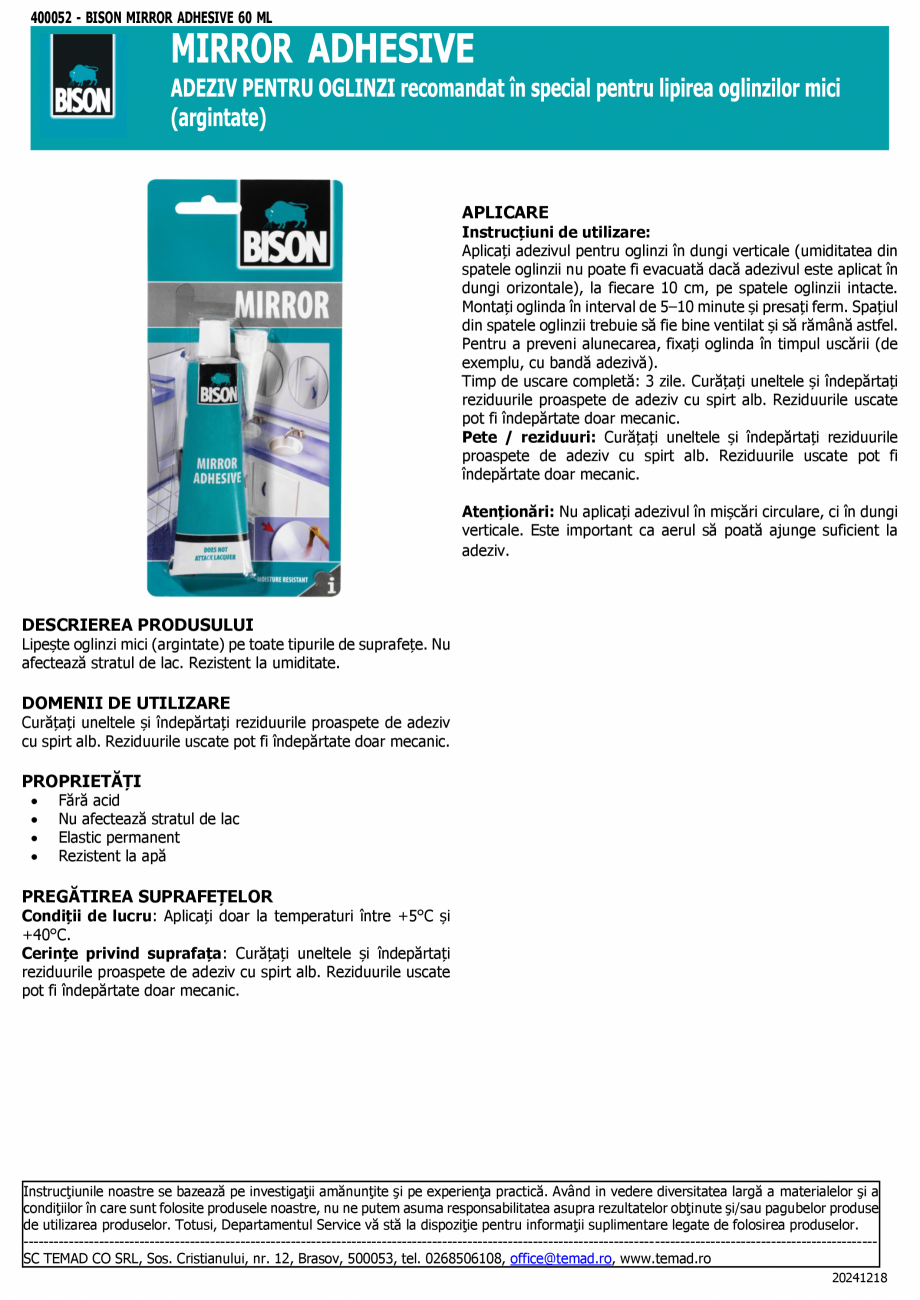 Pagina 1 - Adeziv pentru oglinzi 60ml BISON Mirror Adhesive Fisa tehnica Romana 400052 - BISON...