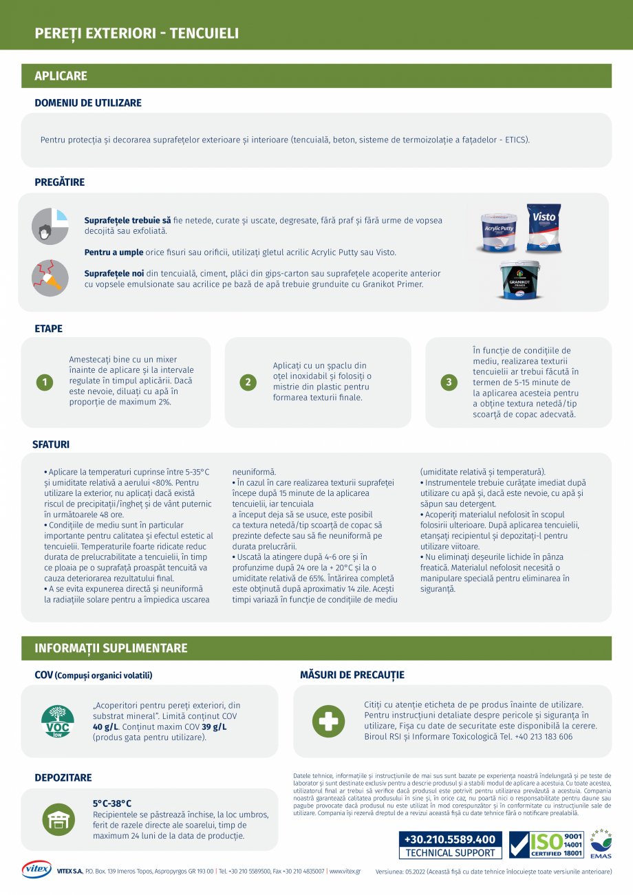 Pagina 2-Tencuiala siliconica VITEX GRANIKOT SILICONE Fisa tehnica Romana  la vaporii de apă
•...