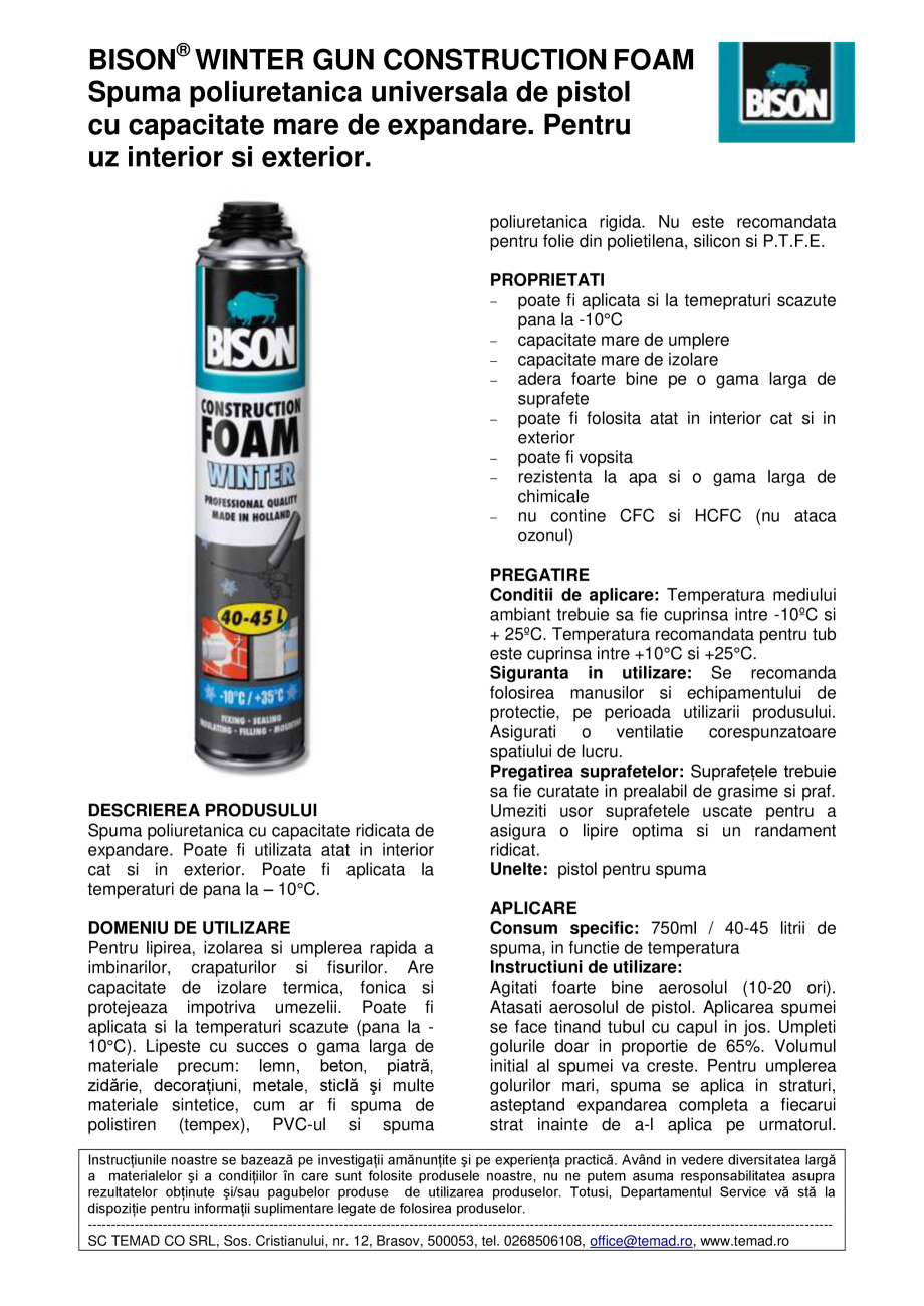 Pagina 1 - Spuma poliuretanica universala de pistol cu capacitate mare de expandare BISON WINTER GUN...