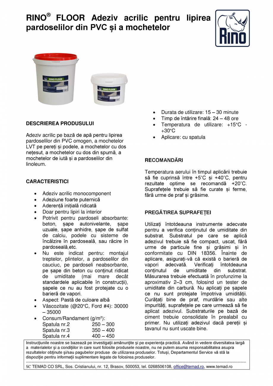 Pagina 1 - Adeziv acrilic pentru lipirea pardoselilor din PVC și a mochetelor, 12kg Rino Fisa...