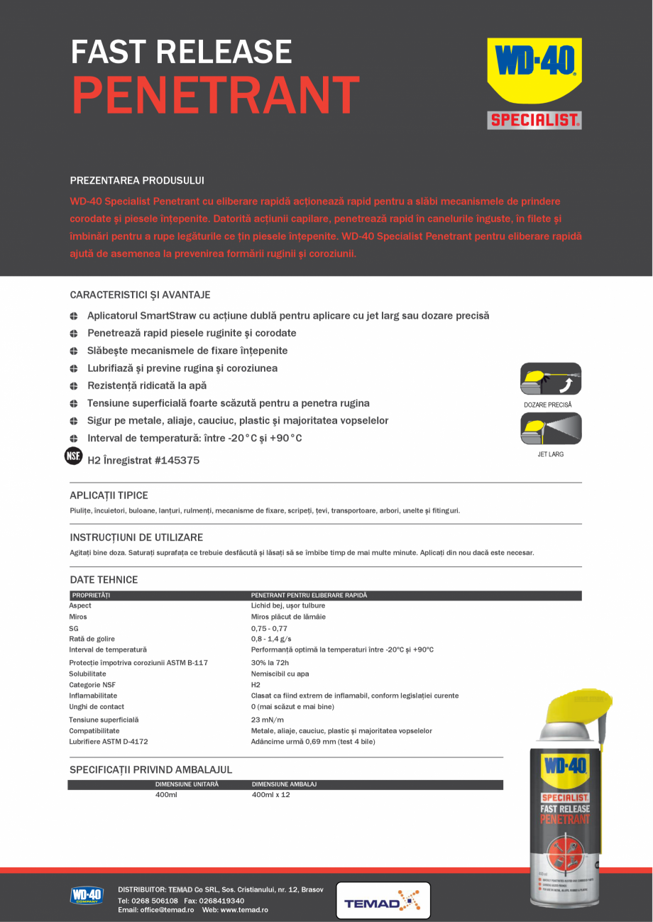 Pagina 1-Lubrifiant deblocant WD-40 Specialist Fast Release Penetrant Fisa tehnica Romana FAST RELEASE
...