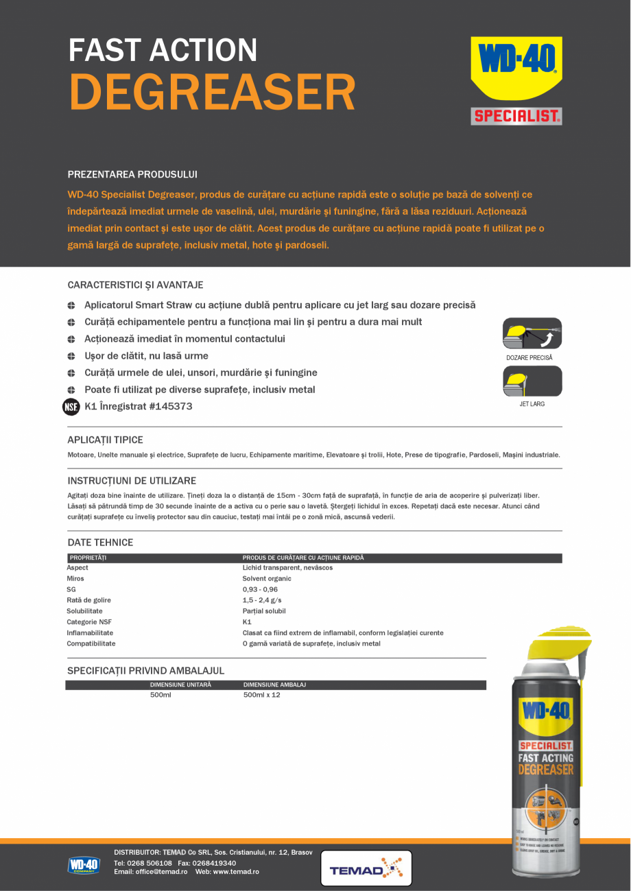 Pagina 1-Solutie profesionala de degresare WD-40 Specialist Fast Acting Degreaser Fisa tehnica Romana FAST...