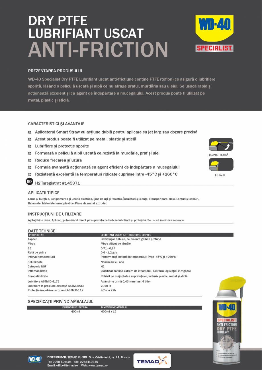 Pagina 1-Lubrifiant cu PTFE uscat  WD-40 Specialist Anti Friction Dry PTFE Lubricant Fisa tehnica Romana DRY ...
