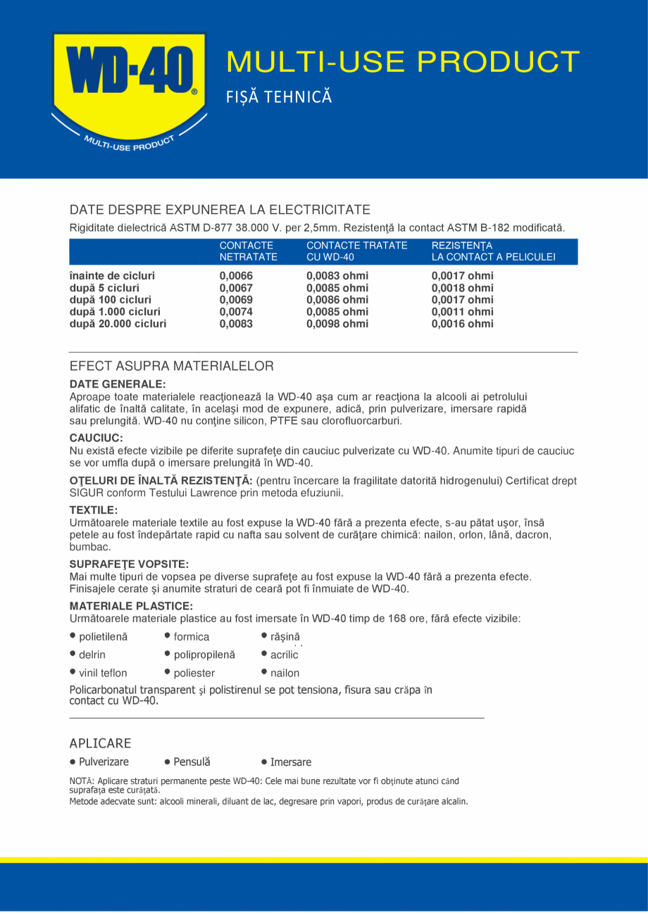 Pagina 2-Lubrifiant multifuncțional WD-40 FLEXIBLE Fisa tehnica Romana punere. În general, pe oţel moale, ...