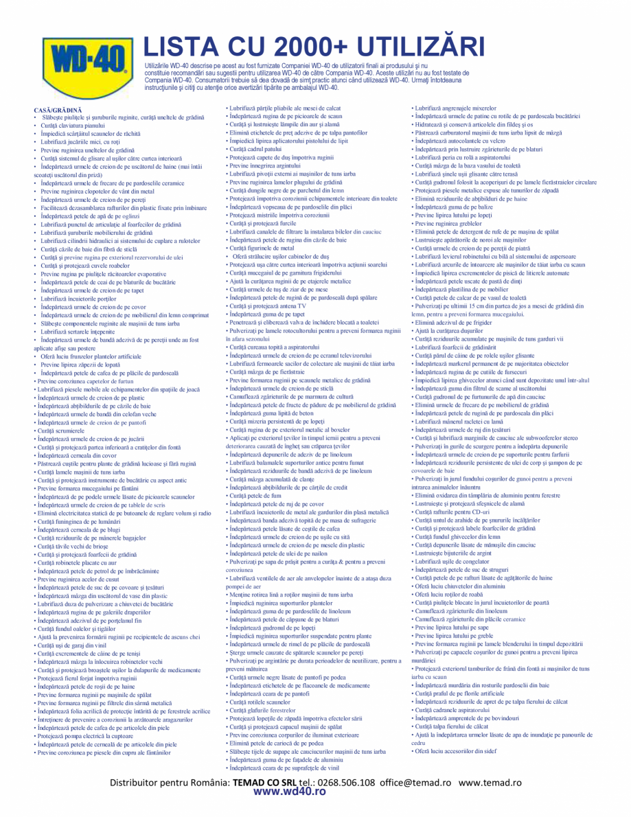 Pagina 1 - Lista 2000+ utilizari WD-40 Catalog, brosura Romana LISTA CU 2000+ UTILIZĂRI...