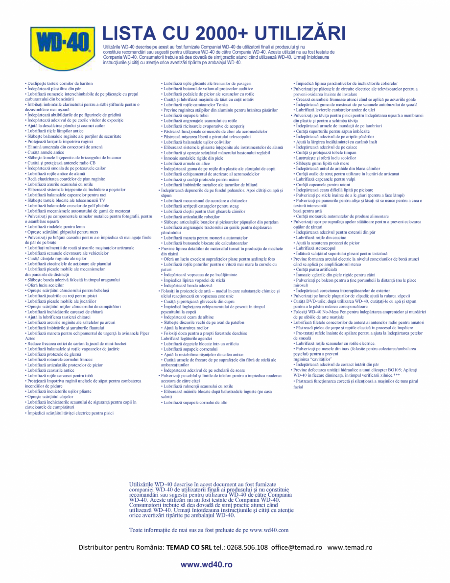 Pagina 10-Lista 2000+ utilizari WD-40 Catalog, brosura Romana oziunea corpurilor de iluminat exterioare
•...