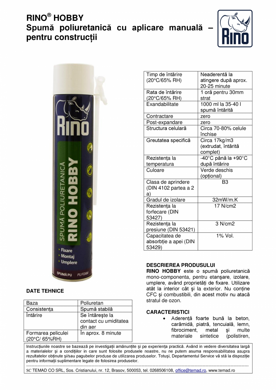 Pagina 1-Spumă poliuretanică cu aplicare manuală – pentru construcţii Rino Hobby Fisa tehnica...