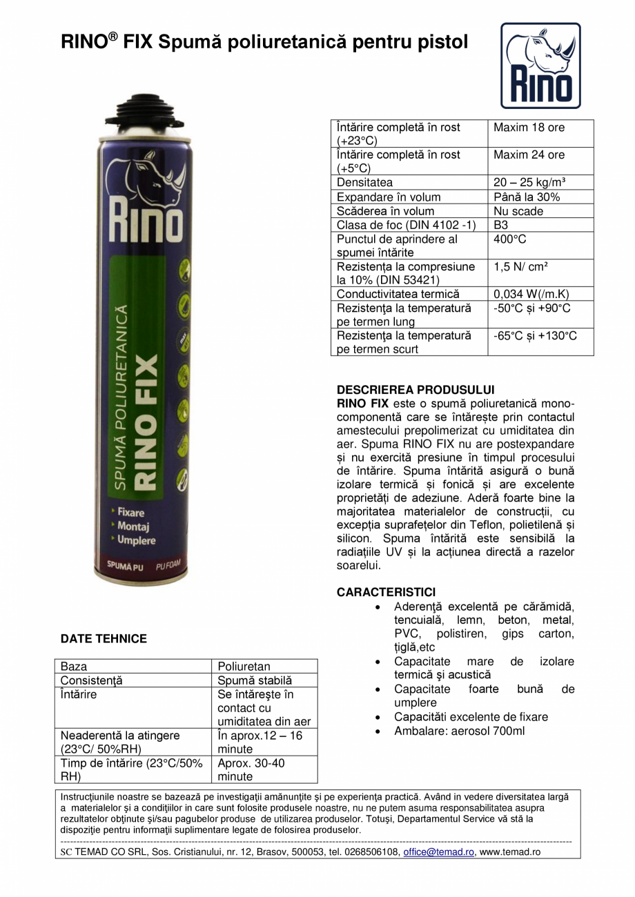 Pagina 1-Spumă poliuretanică pentru pistol Rino Fisa tehnica Romana RINO® FIX Spumă poliuretanică pentru...