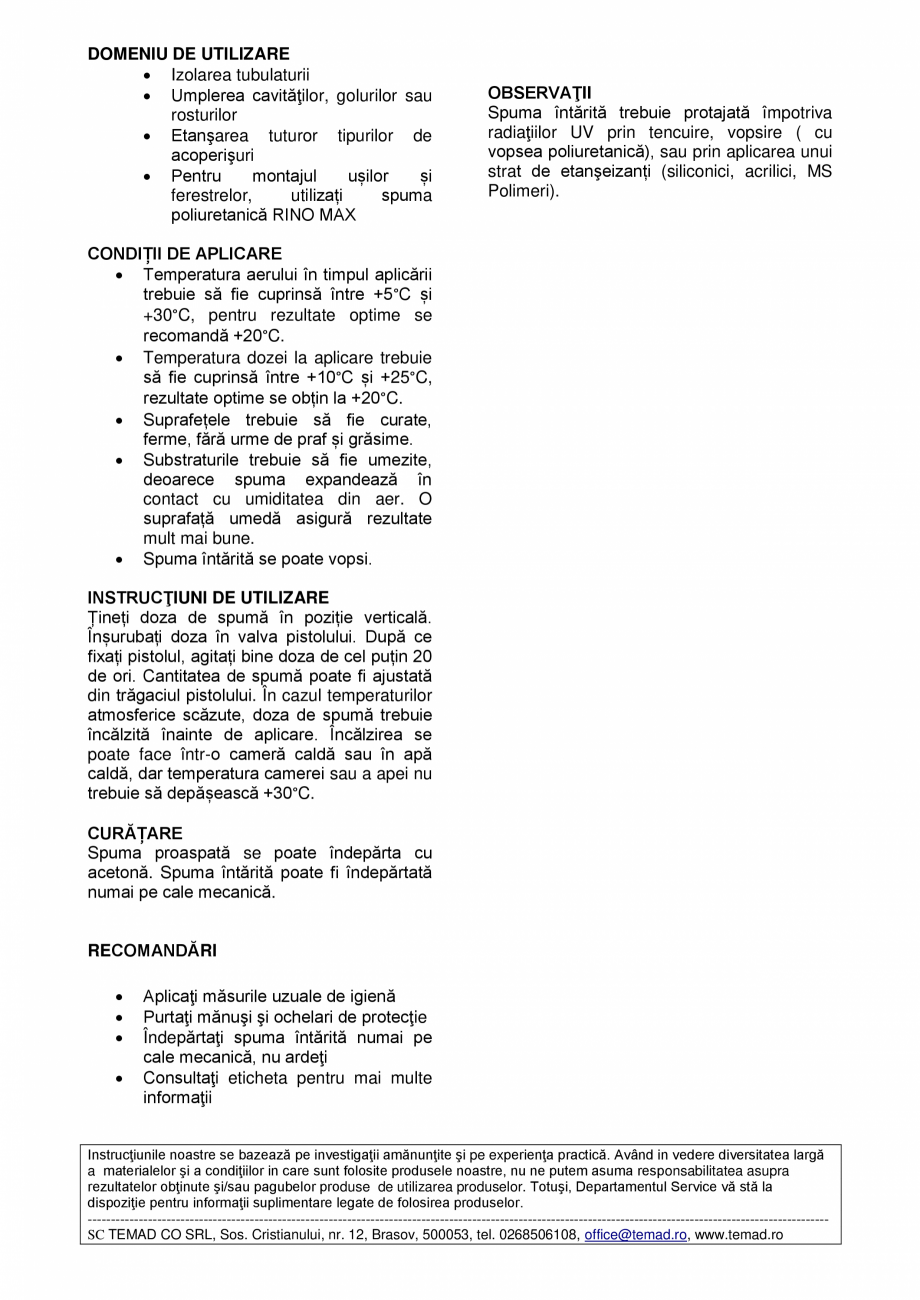 Pagina 2-Spumă poliuretanică pentru pistol Rino Fisa tehnica Romana elor din Teflon, polietilenă și...