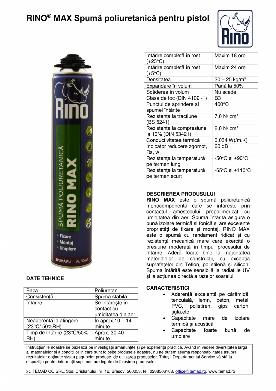 Pagina 1 - Spumă poliuretanica pentru pistol Rino Max Fisa tehnica Romana RINO® MAX Spumă...