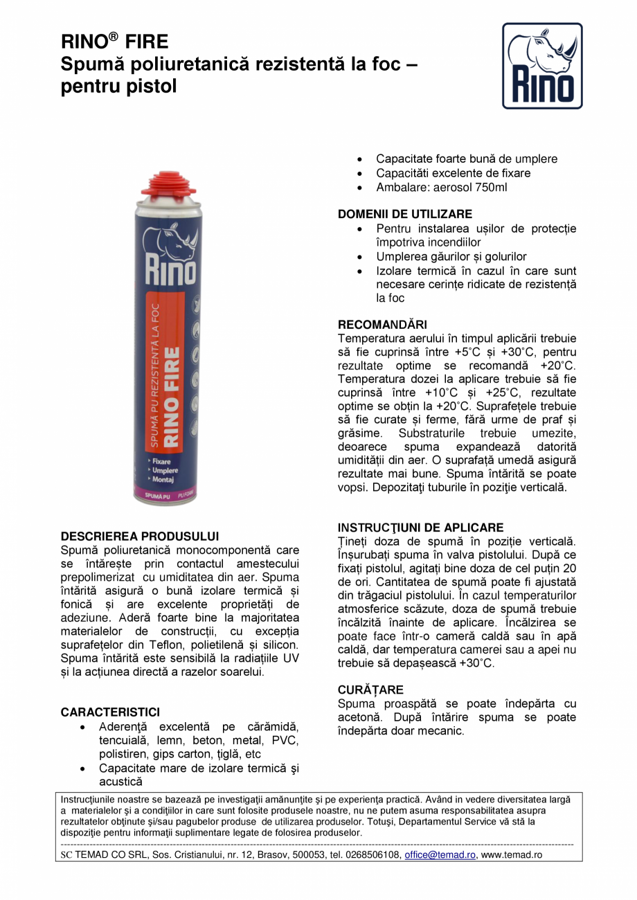 Pagina 1-Spumă poliuretanică rezistentă la foc –  pentru pistol Rino Fire Fisa tehnica Romana RINO®...