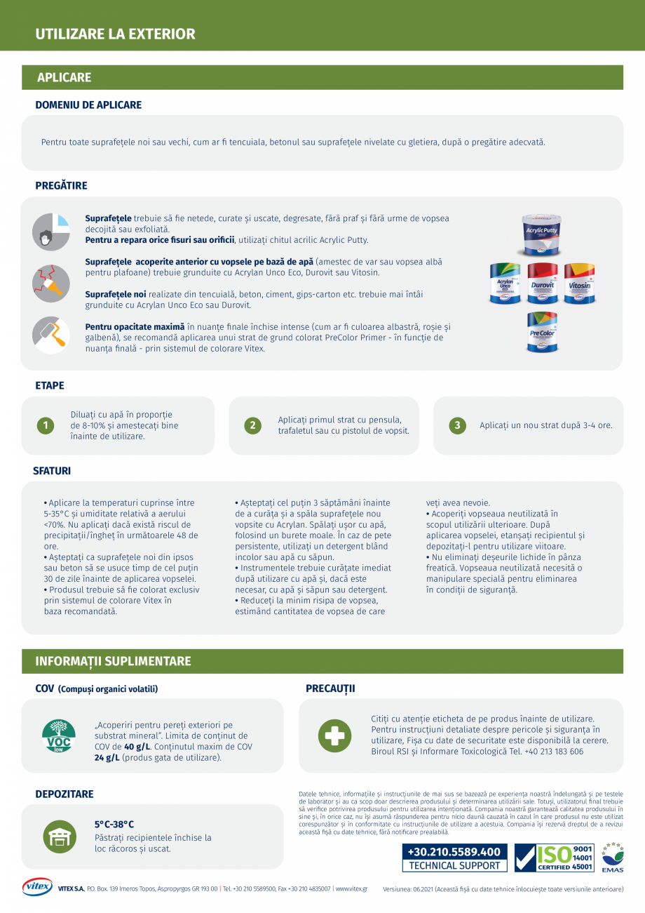 Pagina 2-Vopsea acrilica 100% VITEX Acrylan Fisa tehnica Romana vopsea rece
• Performanță și acoperire...