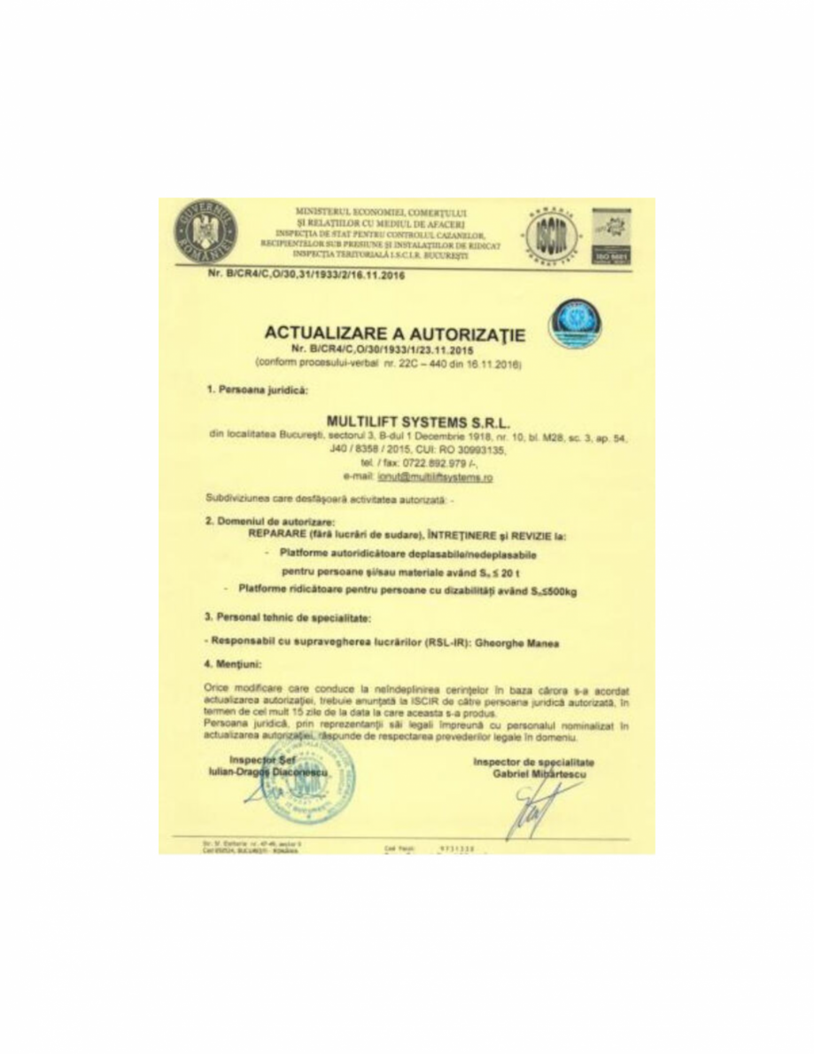 Actualizare Autorizatie 2016 Reparare Revizie Si Intretinere Pentru Platforme Autoridicatoare Si Ridicatoare De Persoane Cu Dizabilitati Catalog Brosura
