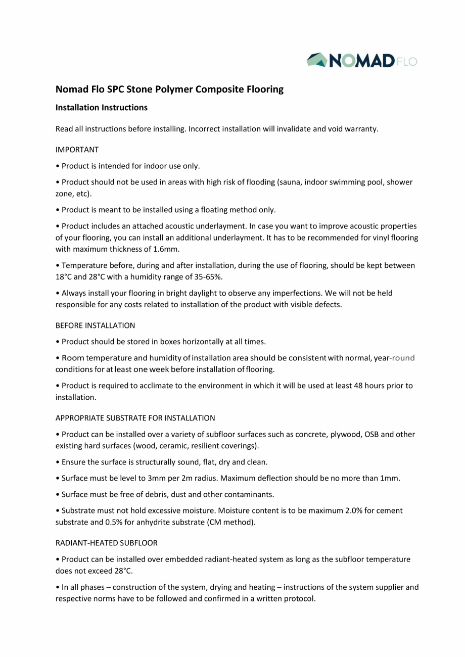 Pagina 1-Instructiuni instalare parchet SPC NOMAD FLO NOMAD FLO Instructiuni montaj, utilizare Engleza Nomad ...