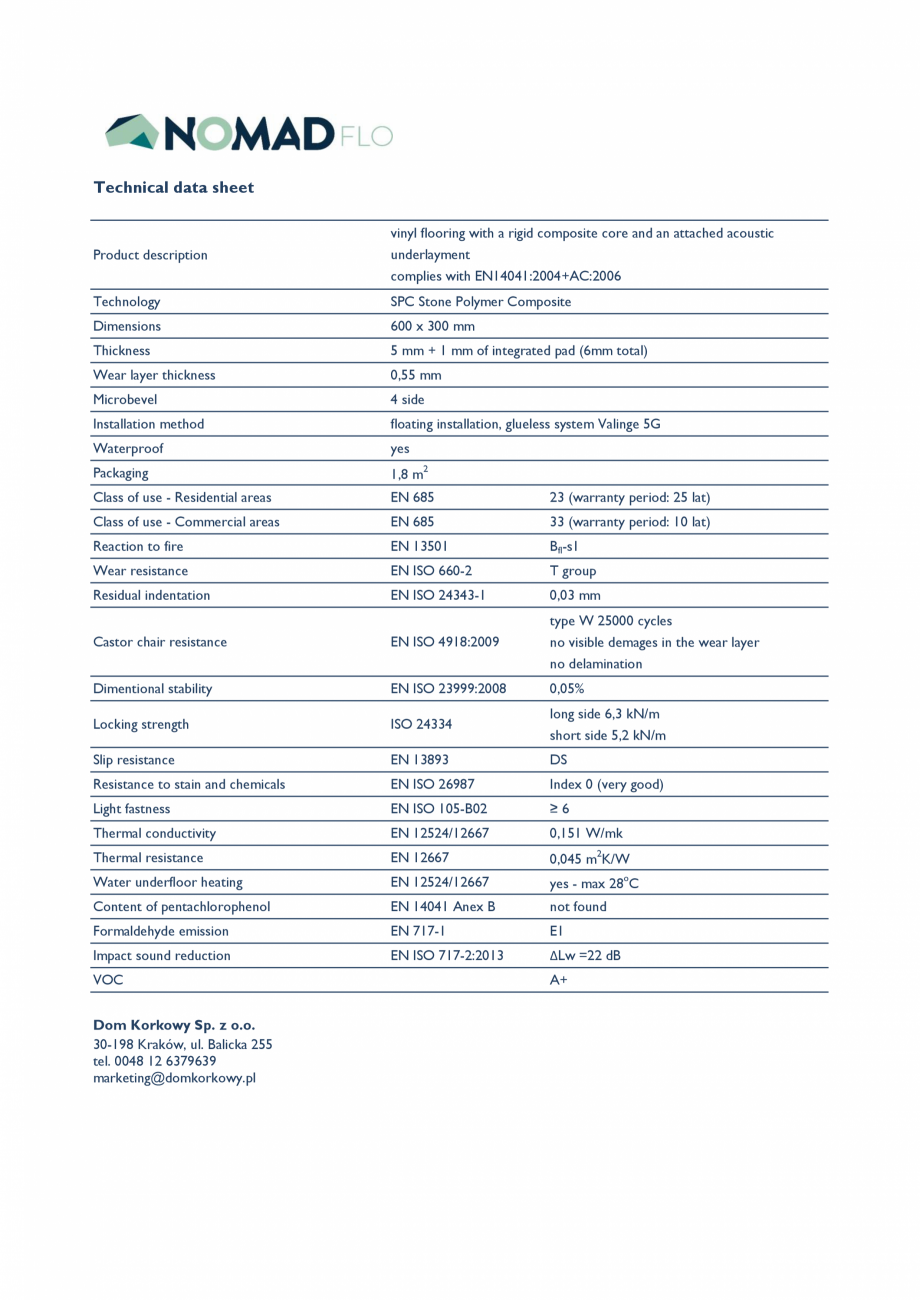 Pagina 1-Parchet SPC NOMAD FLO STONE NOMAD FLO Fisa tehnica Engleza Technical data sheet
vinyl flooring with ...