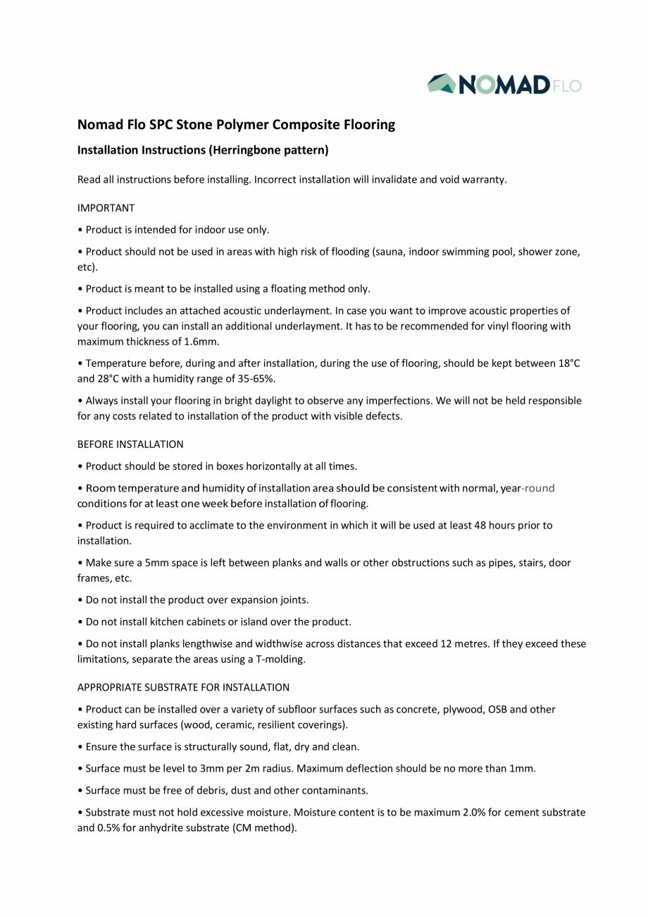 Pagina 1-Instructiuni instalare parchet SPC HERRINGBONE NOMAD FLO Instructiuni montaj, utilizare Engleza...