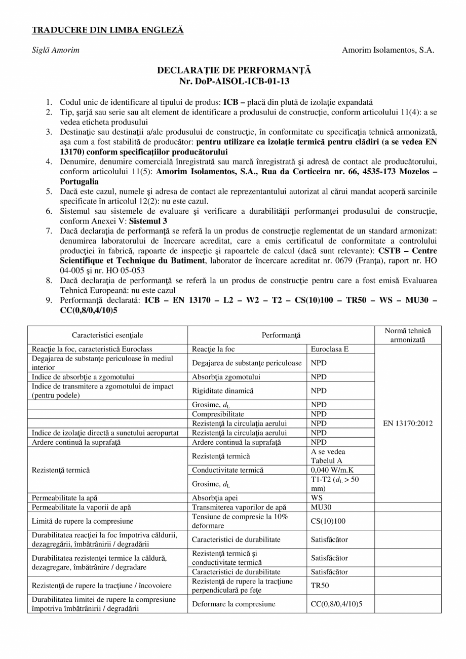 Pagina 1-Declaratie de performanta Nr. DoP-AISOL-ICB-01-13 AMORIM PLACI Certificare produs Romana TRADUCERE...