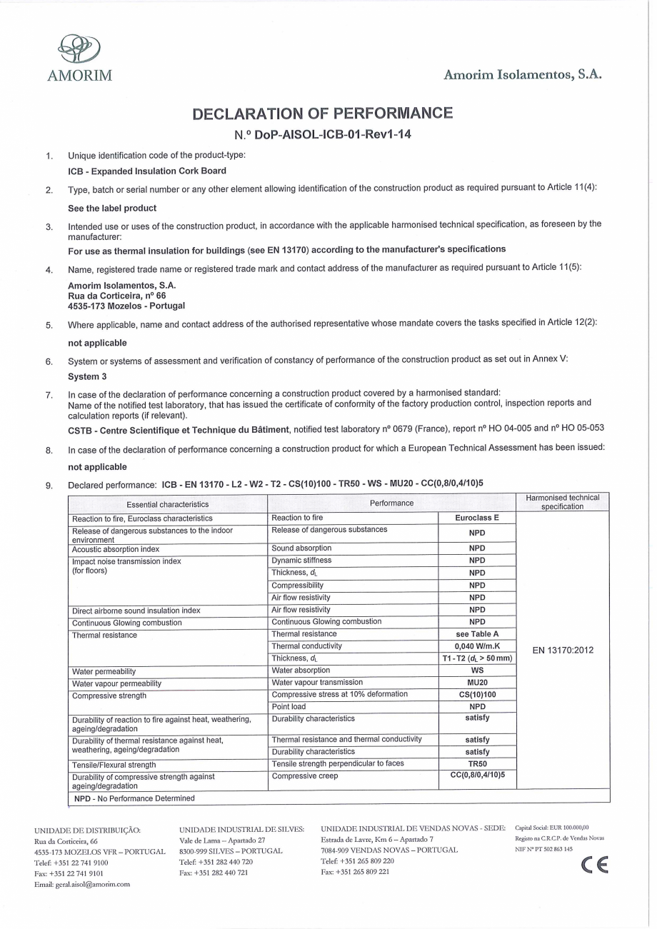 Pagina 1-Declaratie de performanta Nr. DoP-AISOL-ICB-01-Rev1-14 AMORIM PLACI Certificare produs Romana 