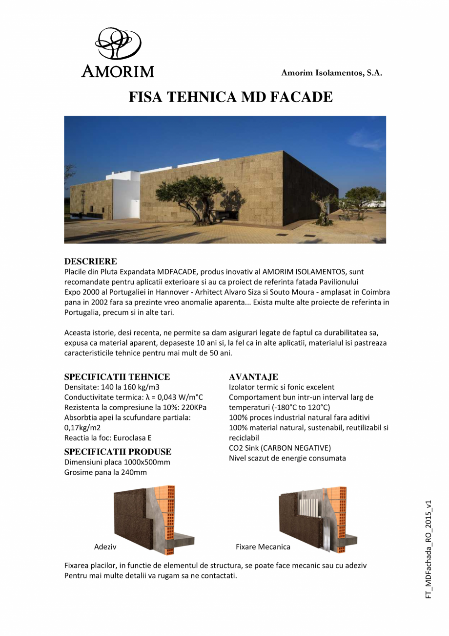 Pagina 1-Placi din pluta expandata AMORIM MDFacade Fisa tehnica Romana Amorim Isolamentos, S.A.

FISA TEHNICA...