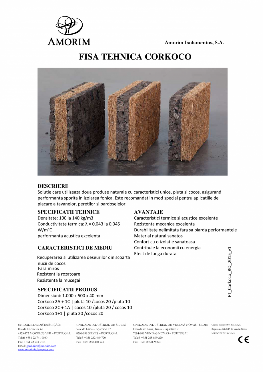 Pagina 1-Placi din pluta expandata si fibra de cocos AMORIM CORKCOCO Fisa tehnica Romana Amorim Isolamentos, ...