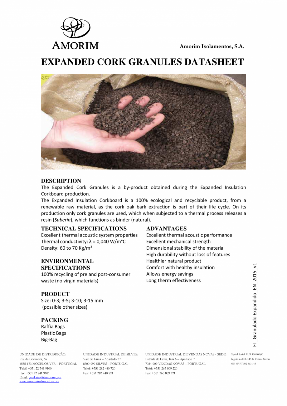 Pagina 1-Granule din pluta expandata AMORIM EXP-GR3/15 Fisa tehnica Engleza Amorim Isolamentos, S.A.
...