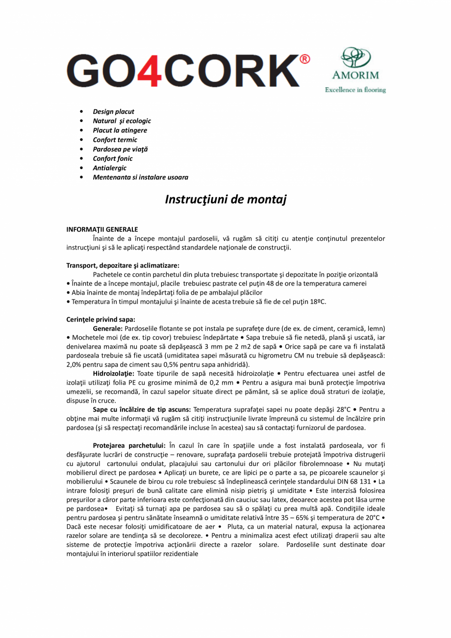 Pagina 1-Instructiuni de montaj parchet din pluta WICANDERS WISE Instructiuni montaj, utilizare Romana •...