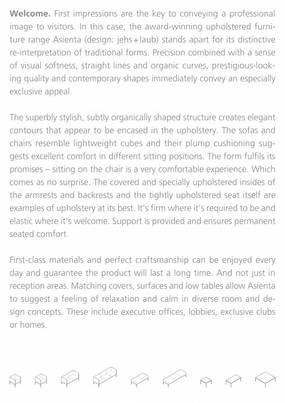 Pagina 3-Mobilier tapitat Wilkhahn Asienta Catalog, brosura Engleza ide.

Sofas. The sophisticated, but...