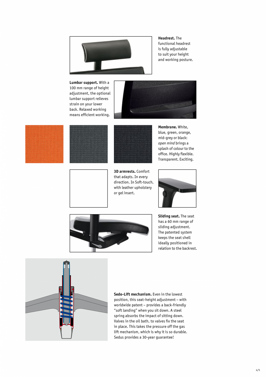 Pagina 5-Scaune de birou pivotante SEDUS OPEN MIND, OPEN UP Specificații tehnice Engleza olished aluminium...