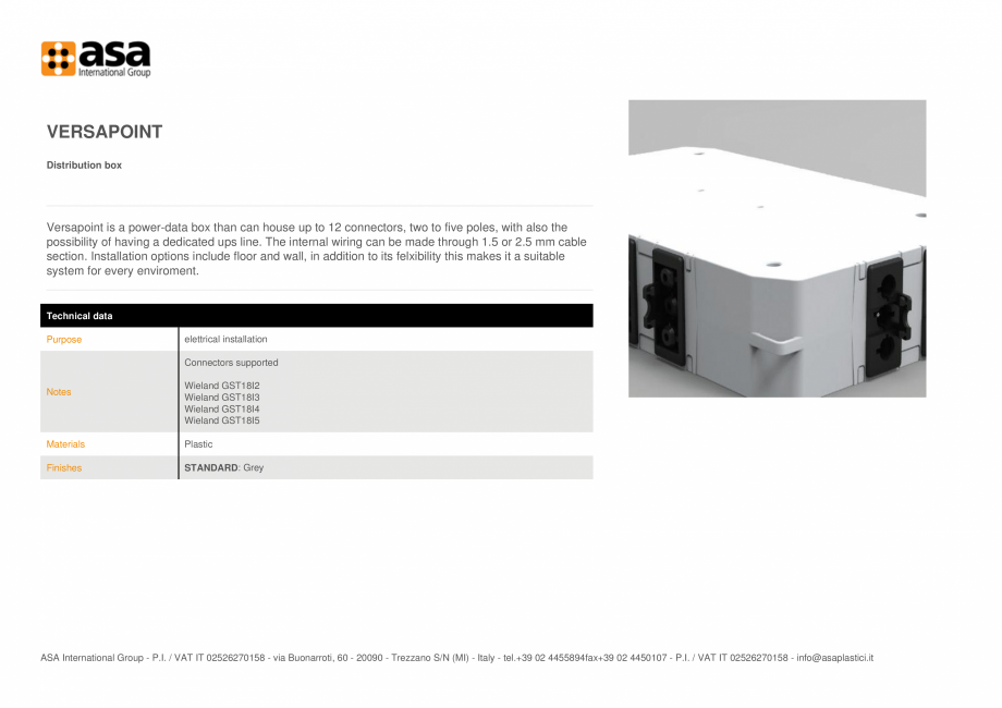 Pagina 1-Cutie de distributie ASA VersaPoint Fisa tehnica Engleza VERSAPOINT
Distribution box

Versapoint is ...
