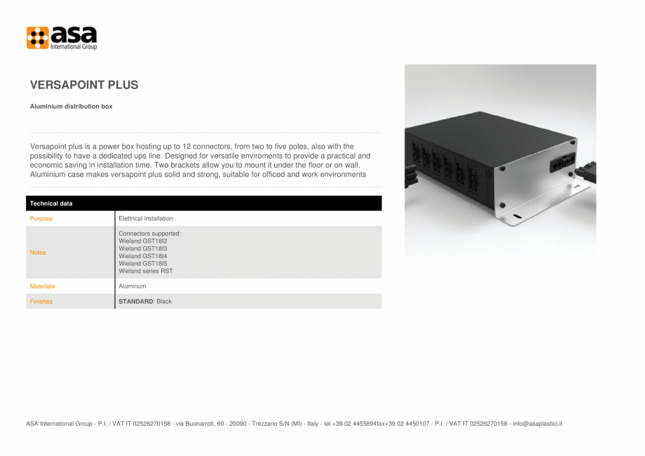 Pagina 1 - Cutie de distributie din aluminiu ASA VersaPoint plus Fisa tehnica Engleza VERSAPOINT...