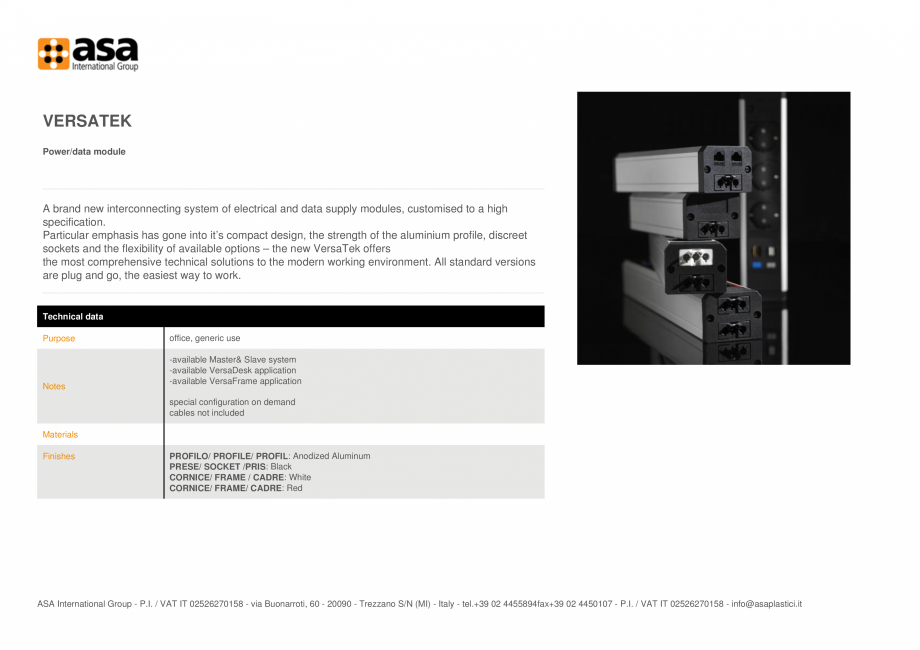 Pagina 1-Priza de date/energie electrica ASA VersaTek Fisa tehnica Engleza VERSATEK
Power/data module

A...