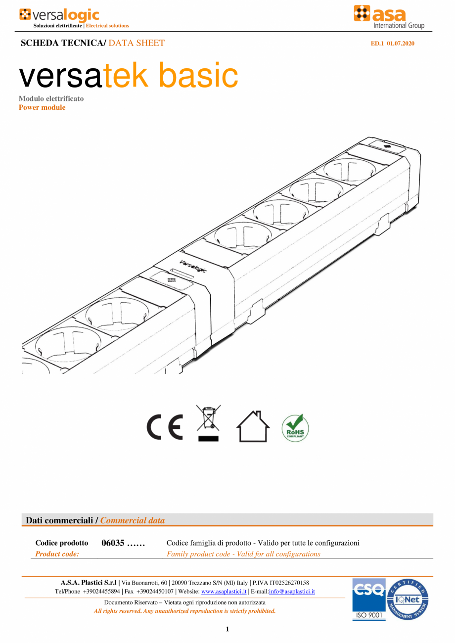Pagina 3-Sistem multi-prize  ASA VersaTek Basic  Fisa tehnica Engleza, Italiana d power
Grado di protezione...