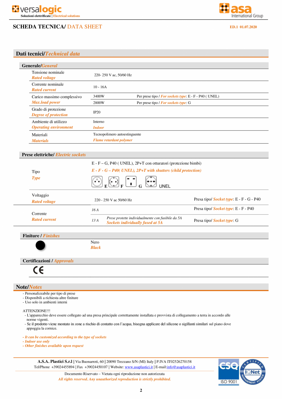 Pagina 4-Sistem multi-prize  ASA VersaTek Basic  Fisa tehnica Engleza, Italiana  ad una presa principale...
