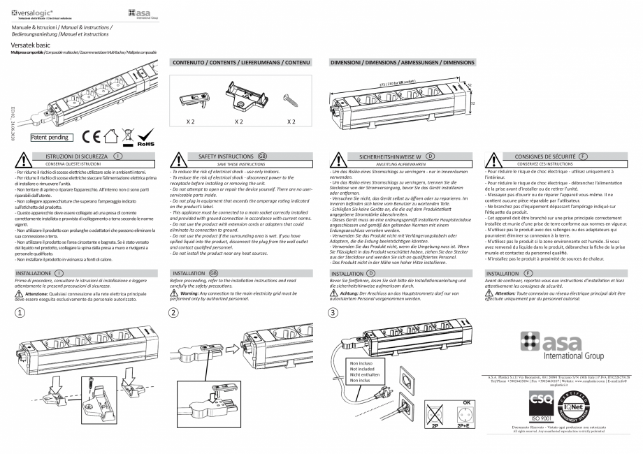 Pagina 1-Sistem multi-prize ASA VersaTek Basic  Instructiuni montaj, utilizare Engleza, Franceza, Germana,...