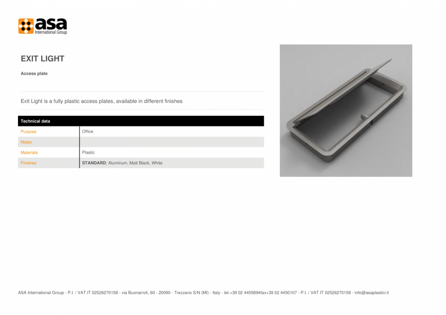 Pagina 1-Placuta de acces  ASA Exit light Fisa tehnica Engleza EXIT LIGHT
Access plate

Exit Light is a fully...