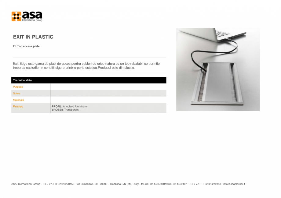 Pagina 1-Placuta de acces fixa  ASA Exit in plastic Fisa tehnica Engleza EXIT IN PLASTIC
Fit Top access plate...