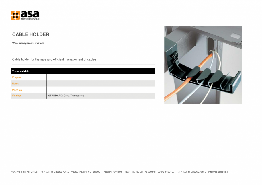 Pagina 1-Sistem de management al cablurilor  ASA Cable Holder Fisa tehnica Engleza CABLE HOLDER
Wire...