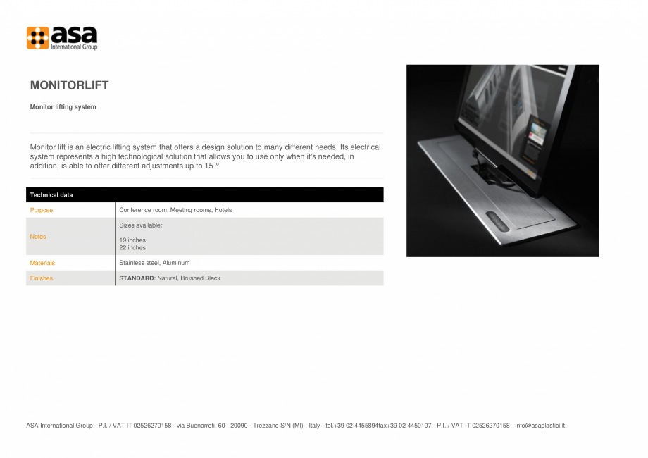 Pagina 1-Sistem de ridicare a monitorului ASA MonitorLift Fisa tehnica Engleza MONITORLIFT
Monitor lifting...