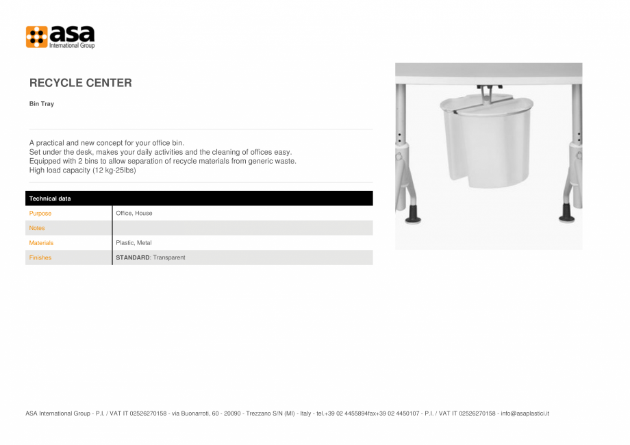 Pagina 1-Cos de gunoi  ASA Recycle Center Fisa tehnica Engleza RECYCLE CENTER
Bin Tray

A practical and new...