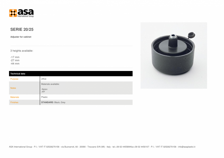 Pagina 1-Piciorus reglabil pentru dulapuri  ASA Serie 20/25 Fisa tehnica Engleza SERIE 20/25
Adjuster for...