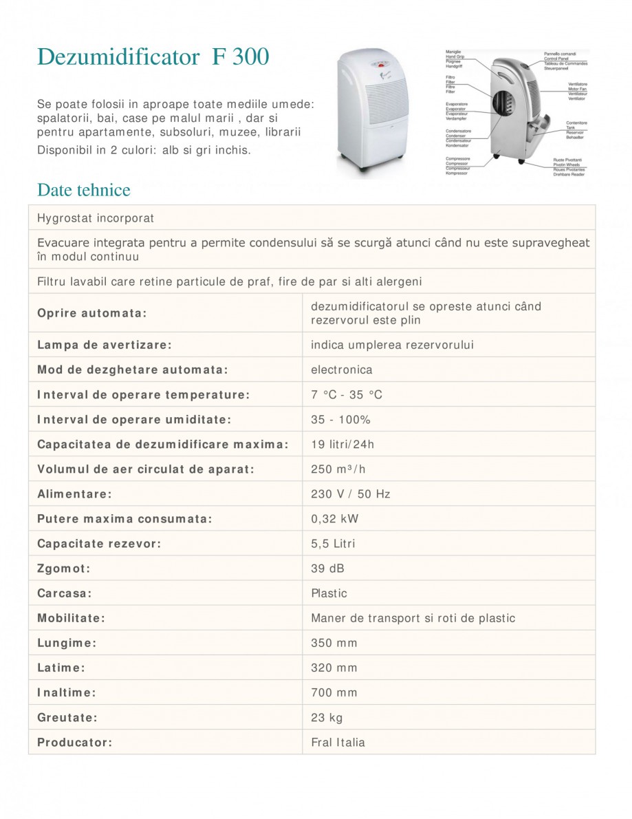 Pagina 1 - Dezumidificator casnic FRAL F 400 White Fisa tehnica Romana Dezumidificator F 300
Se...