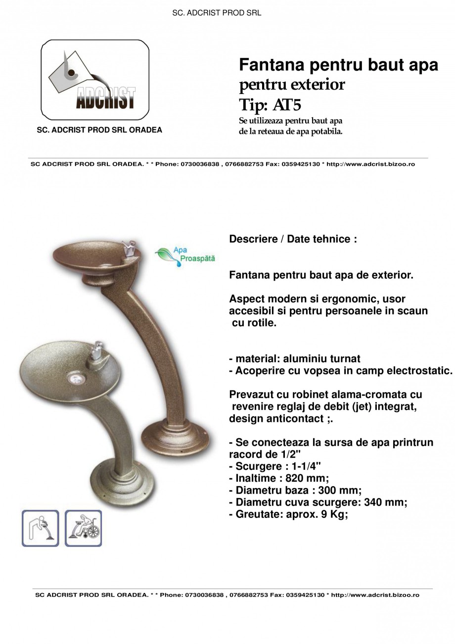 Pagina 1-Fantana pentru baut apa pentru exterior ADCRIST AT5 Fisa tehnica Romana SC. ADCRIST PROD SRL
...