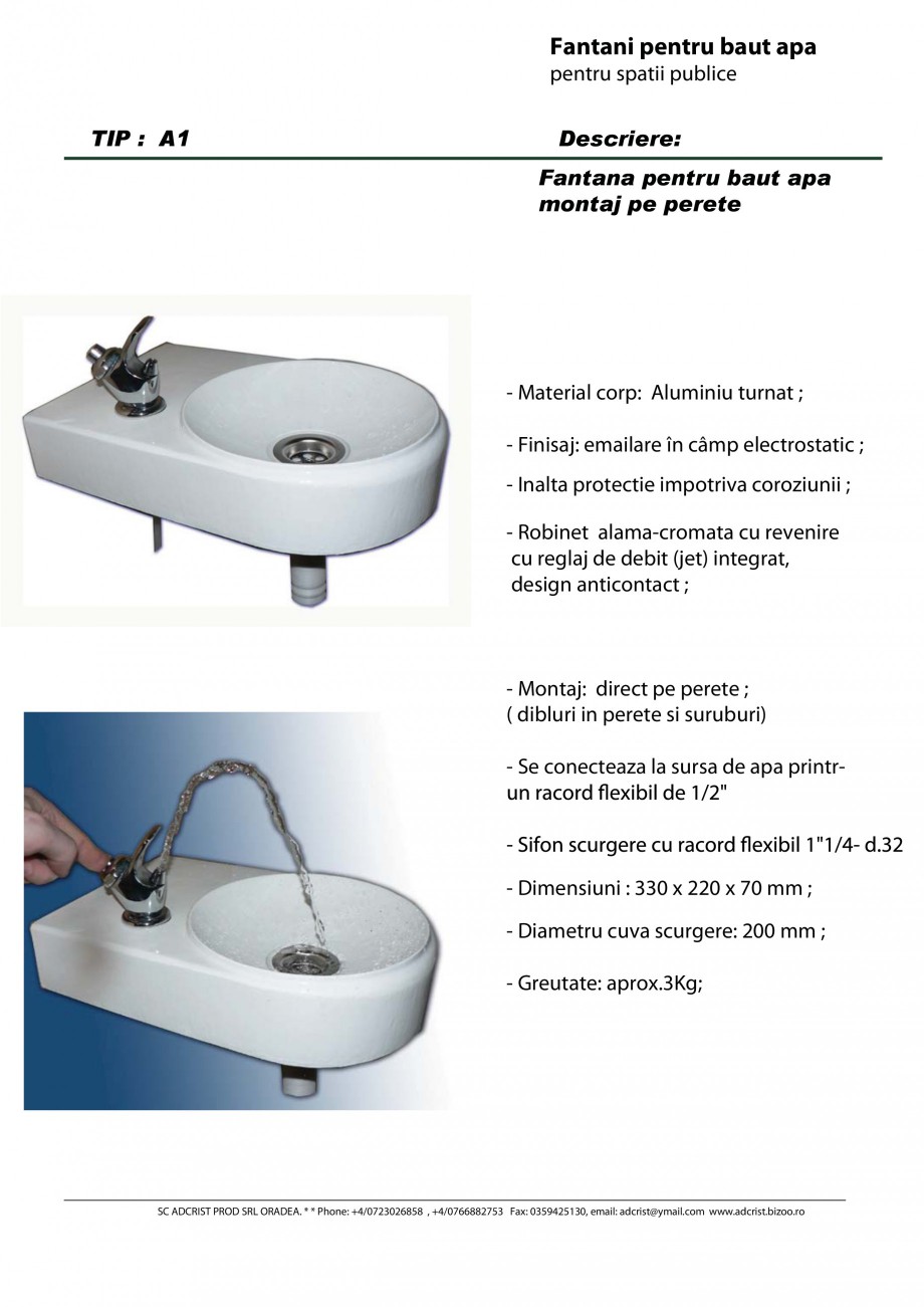 Pagina 1-Fantana pentru baut apa montaj pe perete ADCRIST A1 Fisa tehnica Romana Fantani pentru baut apa...