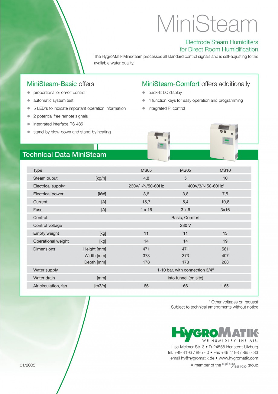 Pagina 2-Umidificator cu abur HYGROMATIK MiniSteam Fisa tehnica Engleza HygroMatik MiniSteam-Comfort
Steam...