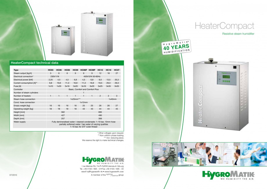 Pagina 1-Umidificator cu rezistenta HYGROMATIK HeaterCompact Fisa tehnica Engleza HeaterCompact
Resistive...