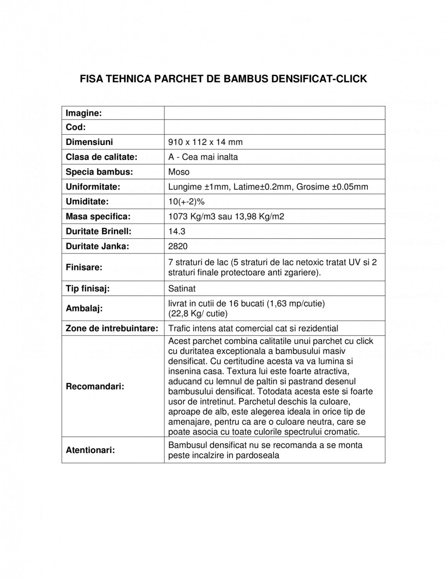 Pagina 1-Parchet bambus densificat cu click CLASS BAMBUS Fisa tehnica Romana FISA TEHNICA PARCHET DE BAMBUS...