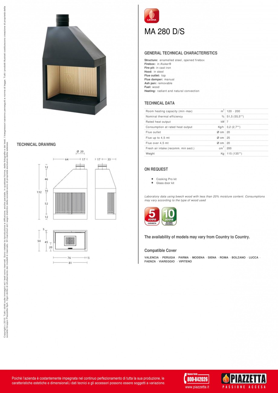 Pagina 1-Focar Piazzetta MA 280 DS Fisa tehnica Engleza MA 280 D/S
GENERAL TECHNICAL CHARACTERISTICS...