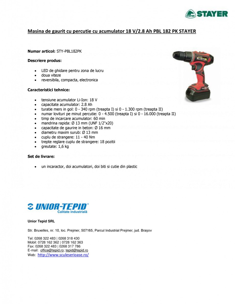 Pagina 1-Masina de gaurit cu percutie si acumulator 18 V 2.8 Ah STAYER PBL 182 PK Fisa tehnica Romana Masina ...