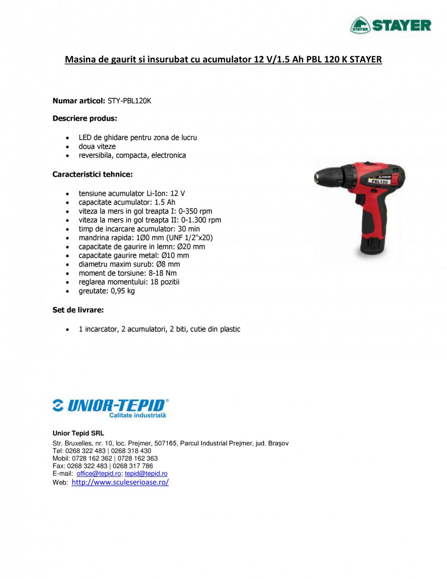 Pagina 1-Masina de gaurit si insurubat cu acumulator 12 V 1.5 Ah STAYER PBL 120 K Fisa tehnica Romana Masina ...