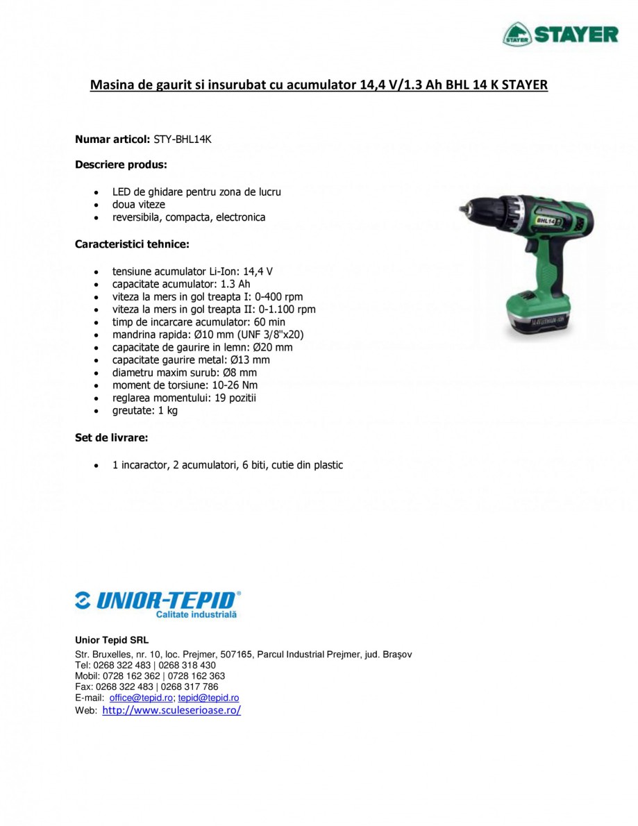 Pagina 1-Masina de gaurit si insurubat cu acumulator 14.4 V 1.3 Ah STAYER BHL 14 K Fisa tehnica Romana Masina...